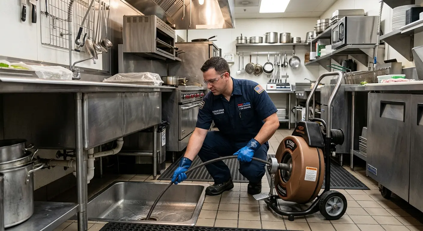 Commercial drain cleaning service in a restaurant kitchen in Pawtucket