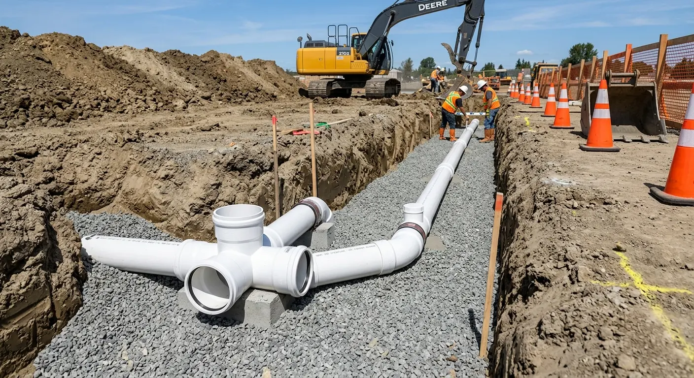New PVC sewer pipe installation in open trench for Commercial Drain Cleaning in Pawtucket