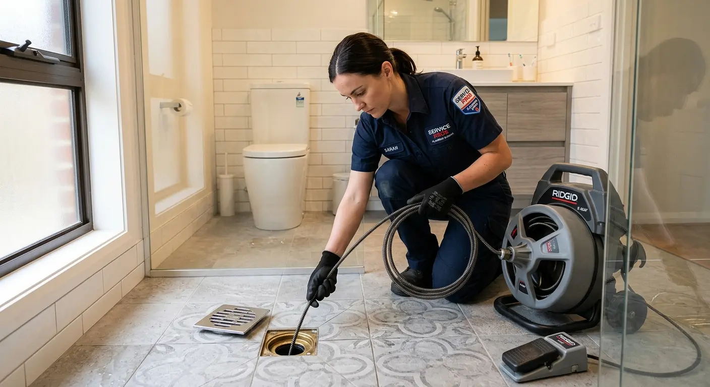 Technician clearing a bathroom floor drain for Hydro Jetting in Pawtucket